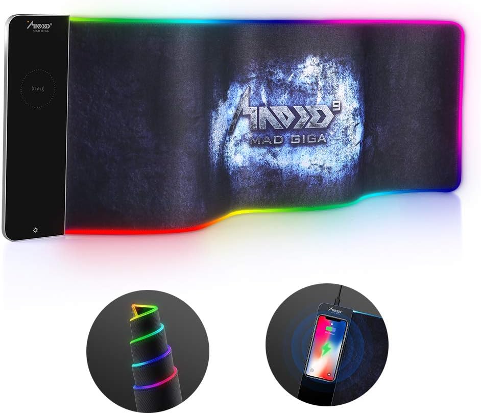 RGB Mouse Pad MAD GIGA Extended Gaming Mouse Pad LED Mouse Pad,2 in 1 Gaming Mouse Pad with Wireless Charger for Android & IOS Cellphone with Wireless Function and Wireless QI Standard-31.50*10.24inch