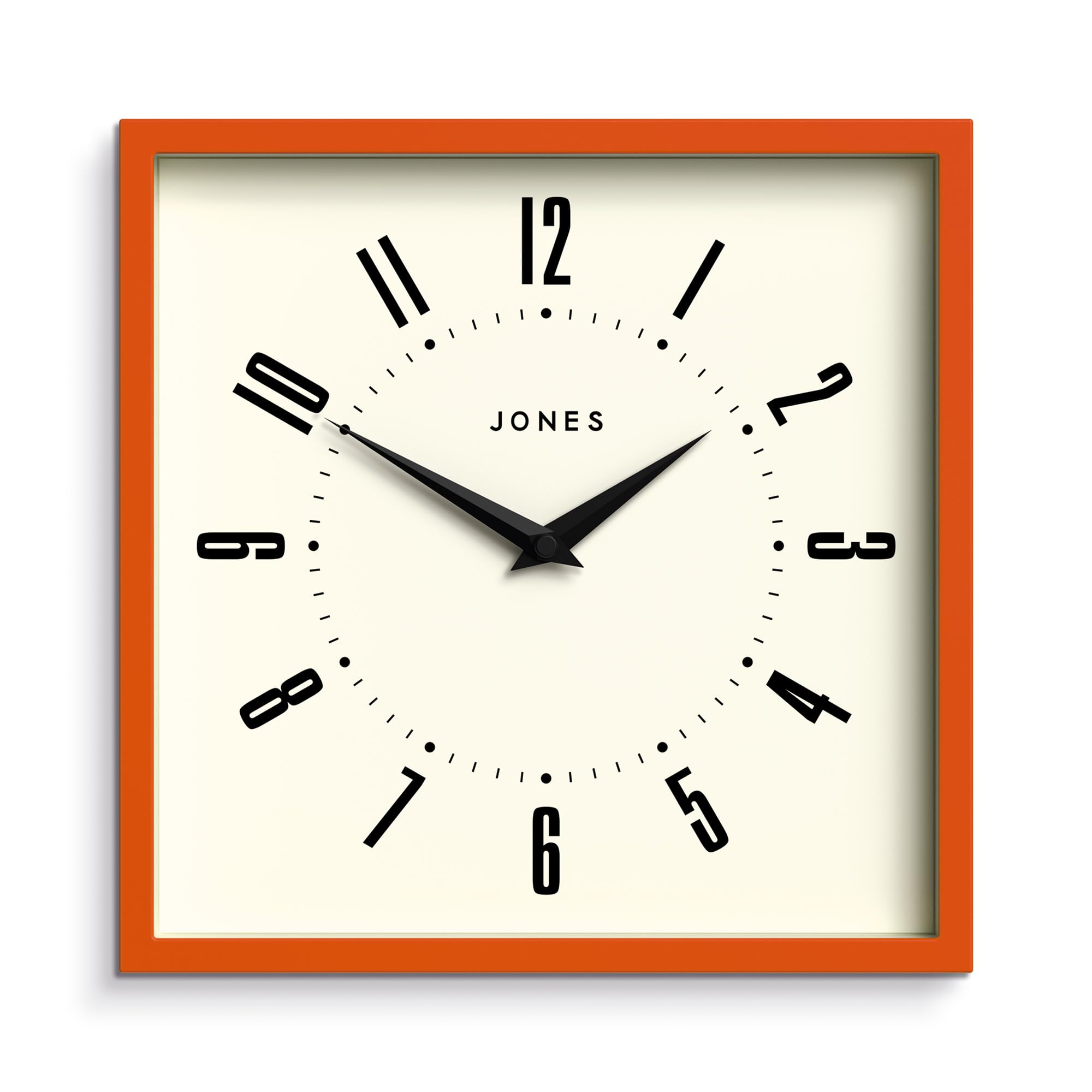 Jones Clocks® Box wall clock | Retro square | 25cm | Orange | Easy to read numbers | Perfect kitchen or office clock