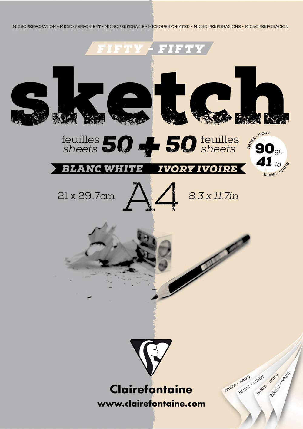 Clairefontaine - Ref 96609C - White and Ivory Sketch Pad (100 Sheets) - A4 (210 x 297mm), 90gsm Paper, 50 x White + 50 x Ivory - Suitable for Sketching with Pencils, Charcoals
