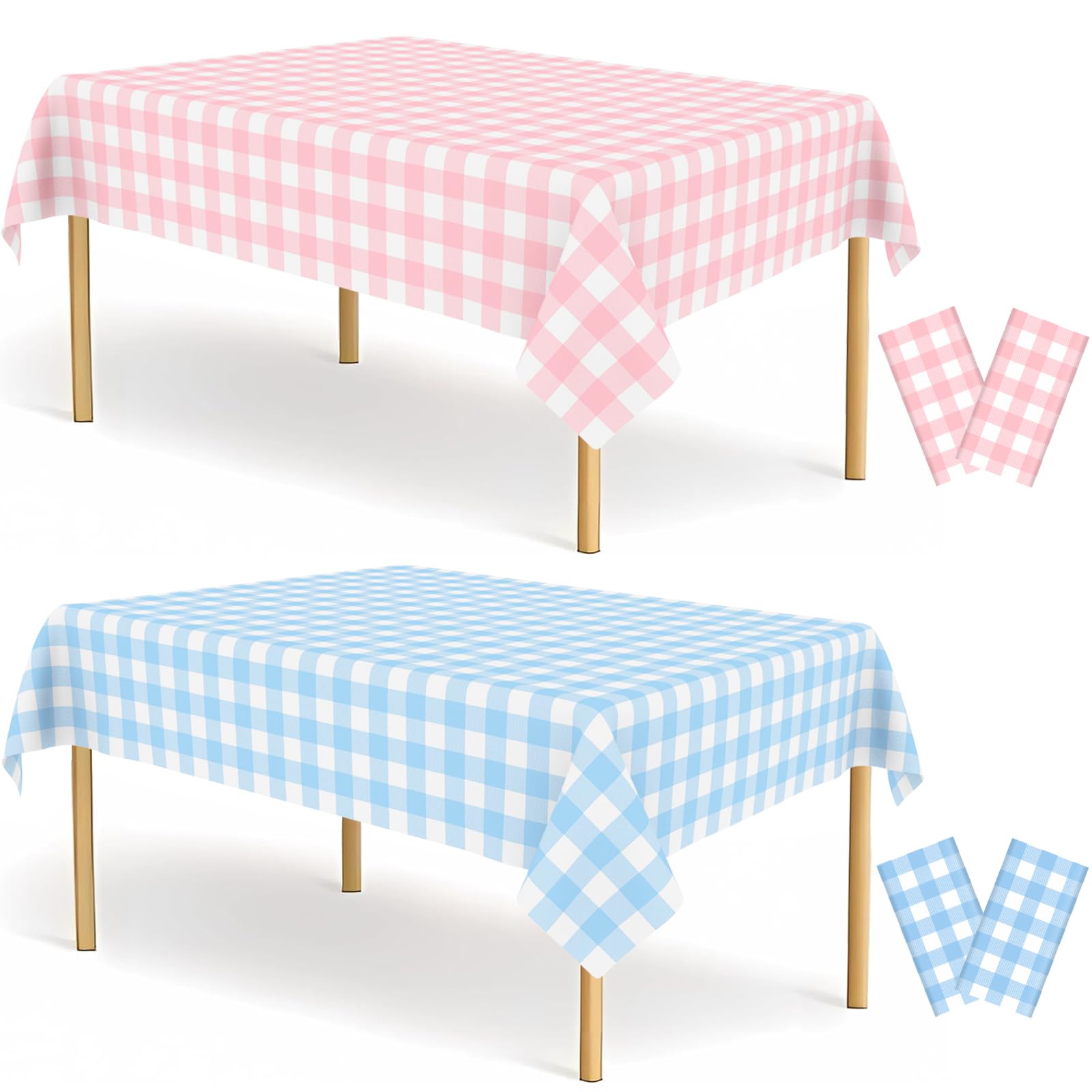 Photo 1 of 4 Pack Gender Reveal Gingham Tablecloths Disposable Plastic Pink and Blue Checkered Tablecloth 54 x 108 Inch Rectangle Table Covers for Boy or Girl Gender Reveal Party Baby Shower Birthday Party