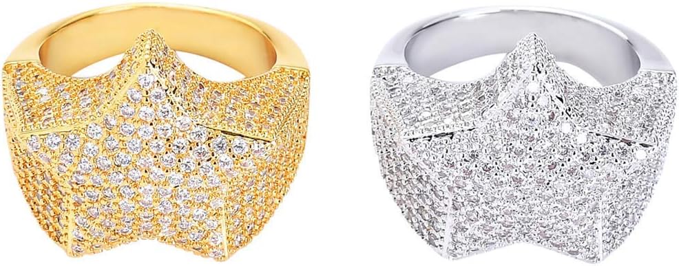 CZ Flooded 3D Star Pinky Ring 14K Gold Plated Hip Hop Bling Ring for Men Women