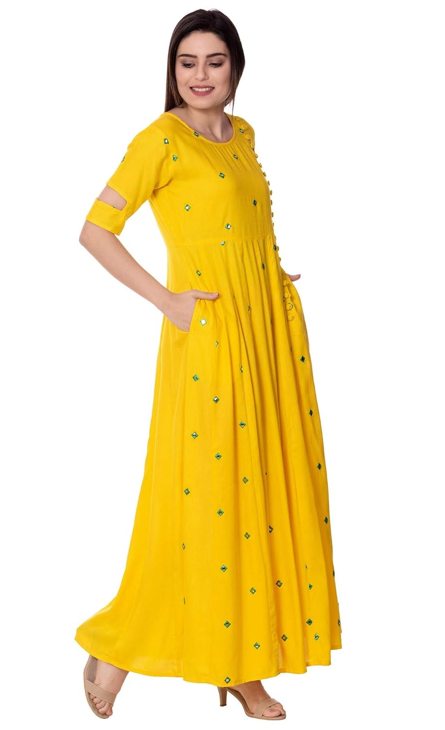 arayna women's long embroidered rayon party wear kurti, yellow