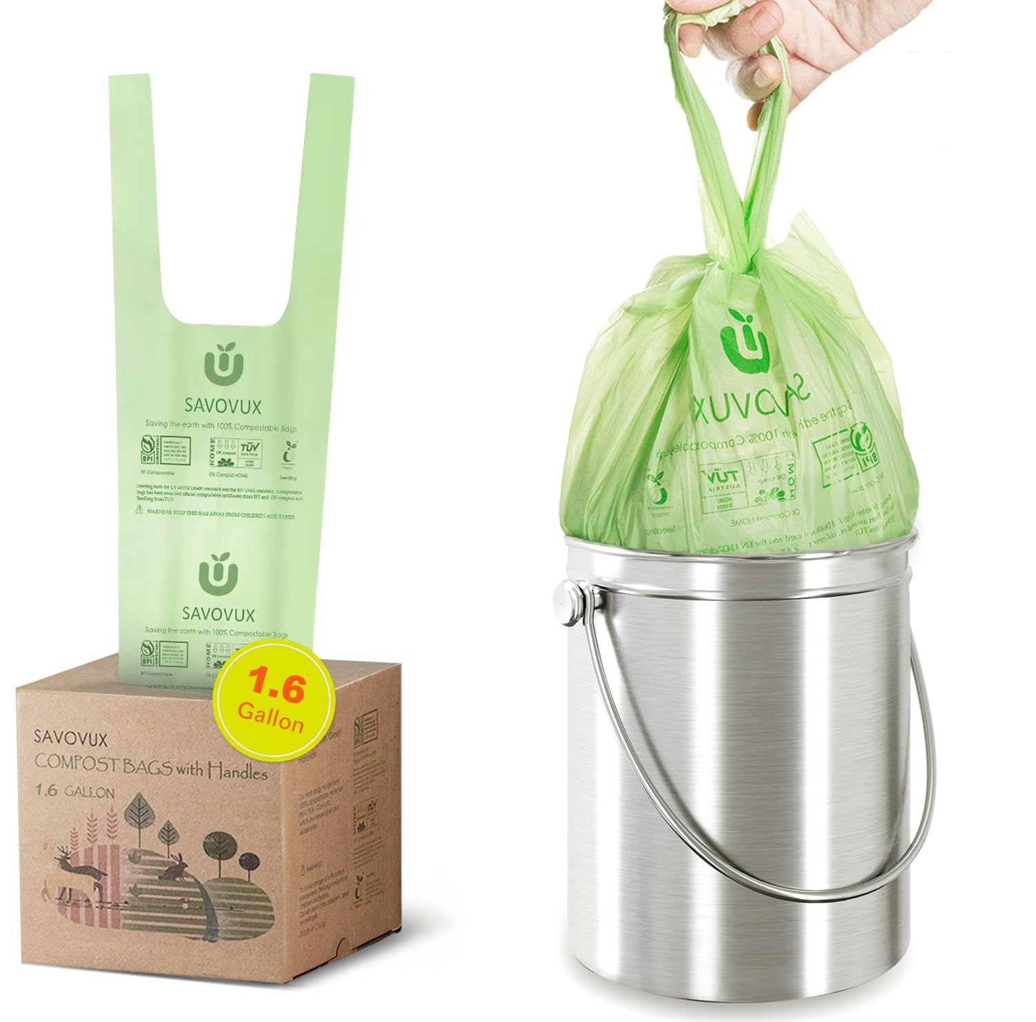 Photo 1 of 1.2-1.6 Gallon Compostable Bags with Handles,100 Count,Small Compost Bags for Countertop Bin,Mini Biodegradable Kitchen Food Scrap Waste Bags,BPI & OK Compost Home Certified