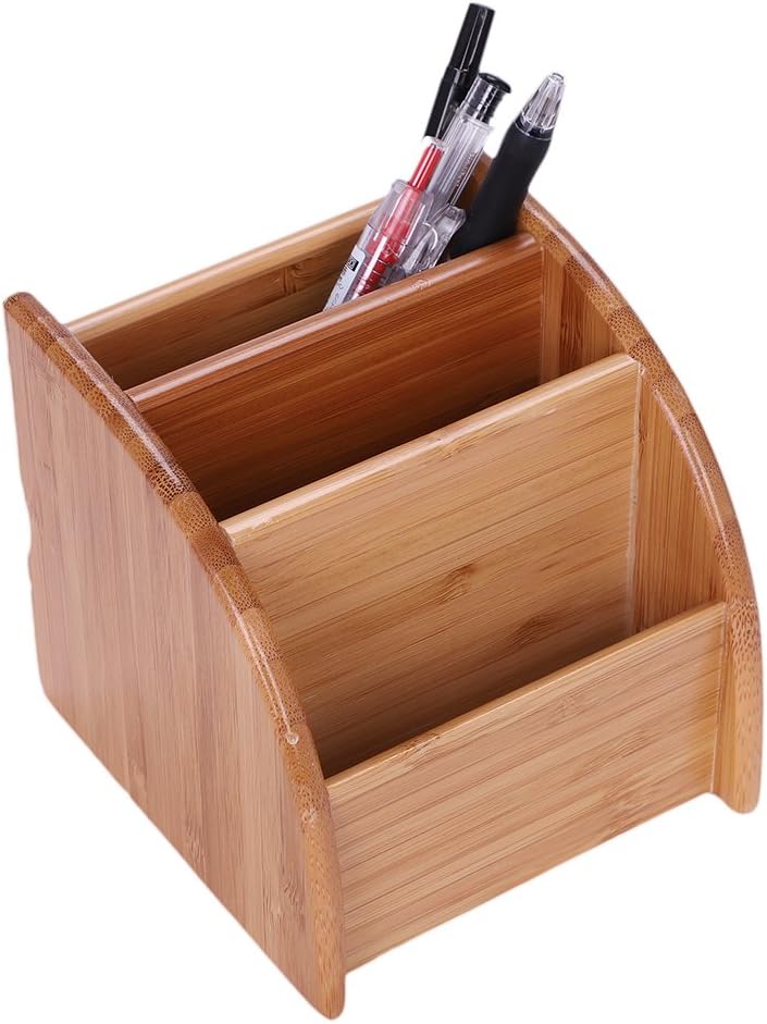 LONTG Remote Control Holder Stand Bamboo Desktop Storage Box Caddy Tidy Desktop Organiser Desk Pen Pot Holder with 4 Compartments for TV Remotes Makeup Brushes Pencils Smartphone and More Small Items