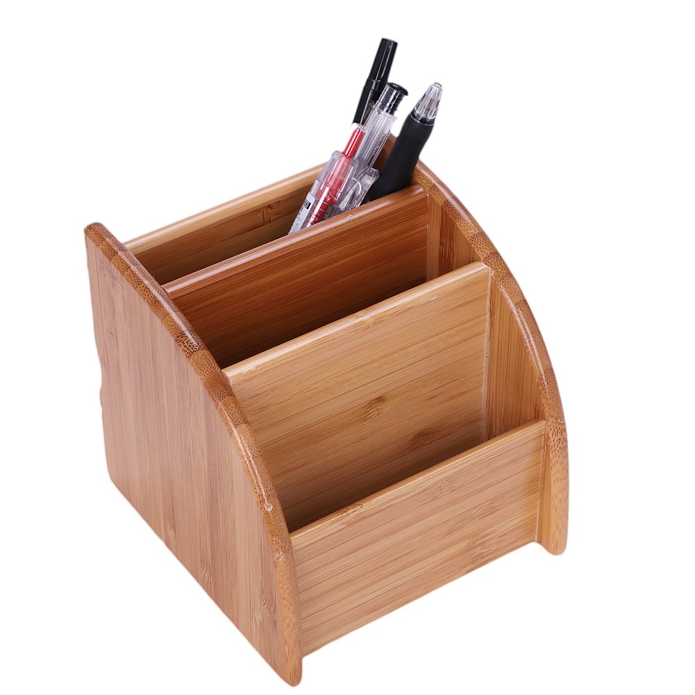 LONTG Remote Control Holder Stand Bamboo Desktop Storage Box Caddy Tidy Desktop Organiser Desk Pen Pot Holder with 4 Compartments for TV Remotes Makeup Brushes Pencils Smartphone and More Small Items