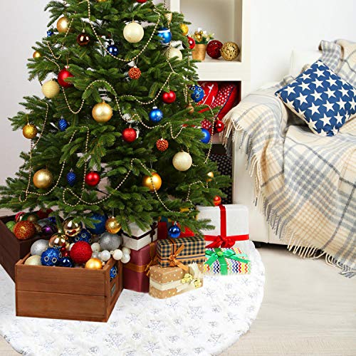 Lorfancy Christmas Tree Skirt, 48 inches Snowflake White Luxury Faux Fur Tree Skirt for Christmas Ornaments Decorations (Silver Snowflake)