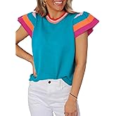 SHEWIN Womens Color Block Tops Casual Crewneck Short Sleeve Pullover Sweater Knit Lightweight Beach Vacation Clothes