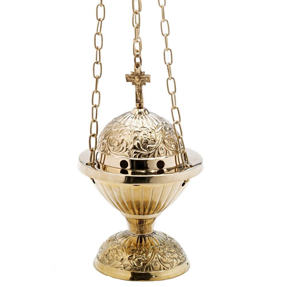 NKlaus censer with cross chain 70cm incense burner inner bowl brass gold 7621