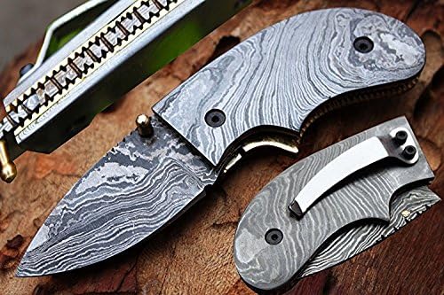 Damascus 2.4" Blade Custom Handmade Folding knife w/Damascus Handle,Pocket Clip, Extreme Custom File-Work &amp; Sheath Cover UDK-D-L01-10