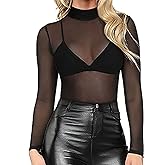 Womens Sheer Mesh Tops Shirts, Long Sleeve Mock Neck See-Through Slim Ladies Blouse T-Shirt Clubwear