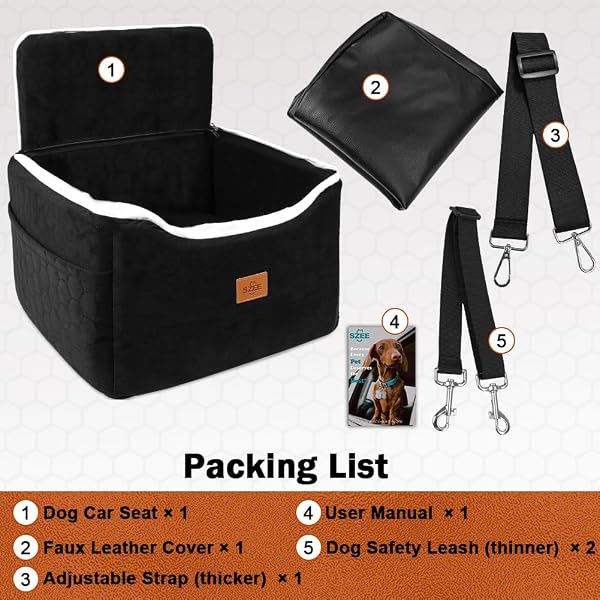 SZEE DOG CAR SEAT FOR SMALL/MEDIUM SIZED DOGS UP TO 35 LBS, DOG BOOSTER CAR SEAT WITH DETACHABLE PROTECTIVE LEATHER COVER, SAVE CLEANING EFFORT, RECLINABLE BACKREST (BLACK)