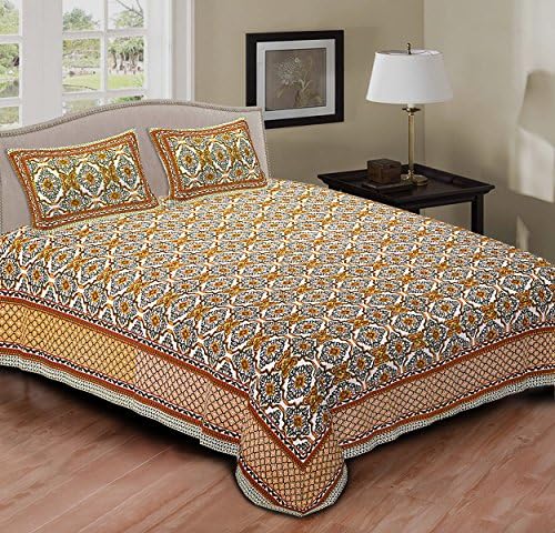 Ridan Traditional Abstract Design Cotton Double Bedspread Sheet w/ 2 Pillow Covers/Tribal Ethnic Wall Hanging Tapestry Bedding/Indian Trendy Jaipuri Pattern Meditation Duvet Throw-Green