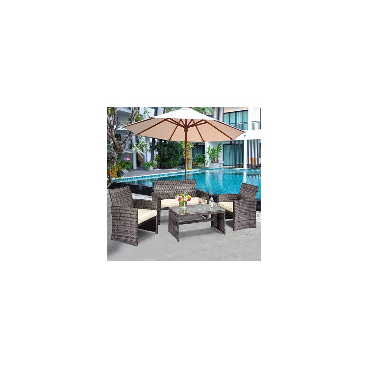 Goplus Patio Furniture 4 Pieces Rattan Conversation Sofa Set With Cushions And Table For Garden Yard Balcony Classic Groupull