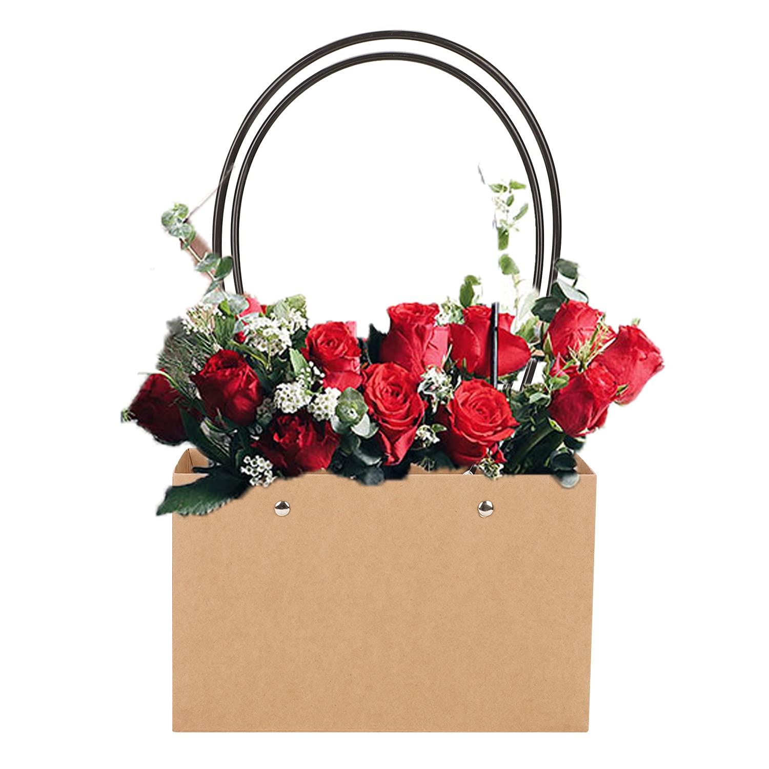 10pcs Kraft Paper Flower Bags with Long Handle Waterproof Thick Brown Paper Carrier Bags with Handle Plant Present Tote Bag Portable Flower Basket for Valentine’s Day Birthday Wedding Party Favors