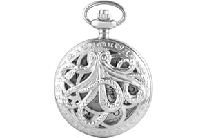 Dentily Vintage Octopus Hollow Quartz Pocket Watch Steampunk Black Pocket Watch with Necklace Chain Gift