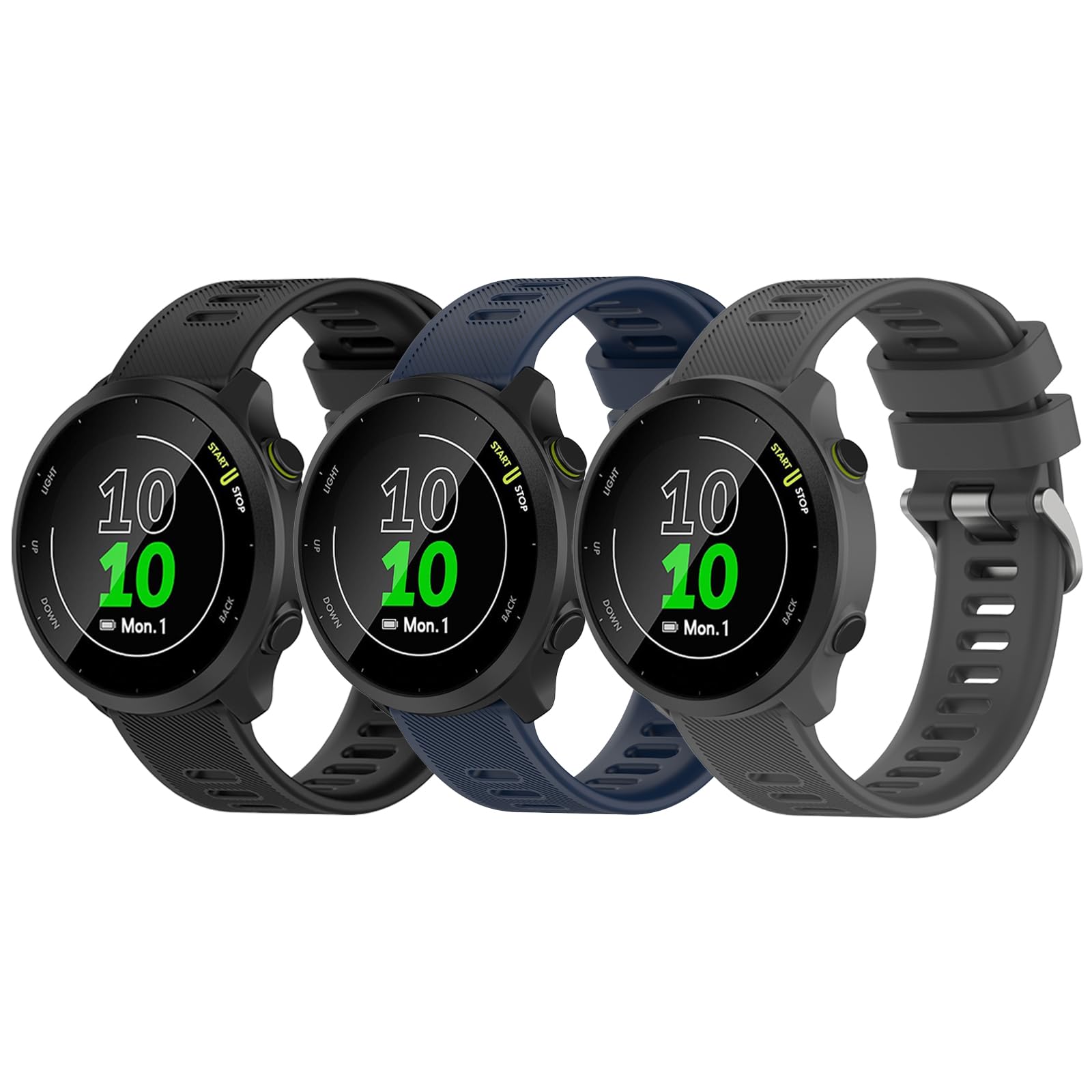 Garmcool 3 Pack Strap Compatible with Garmin Forerunner 55/245/645/165/158, Venu, Venu Sq/2 Plus/Sq 2 Women Men, Silicone Classic Replacement Band Black, Blue, Grey (Strap Only) — image 1