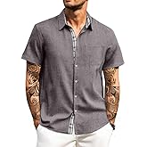 HUNGSON Men's Button Down Shirts Short Sleeve Casual Shirts Summer Beach with Pocket