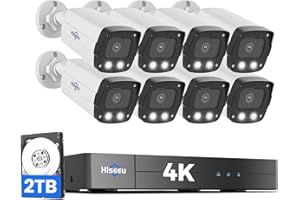 【4K HD +0 Monthly Fee】 Hiseeu 8MP PoE Security Camera System, 8 Pcs 4K Security Camera Outdoor&Indoor, 121° Wide View, Color Night Vision, Smart Playback,7/24 Record,Home Surveillance NVR Kit 2TB HDD