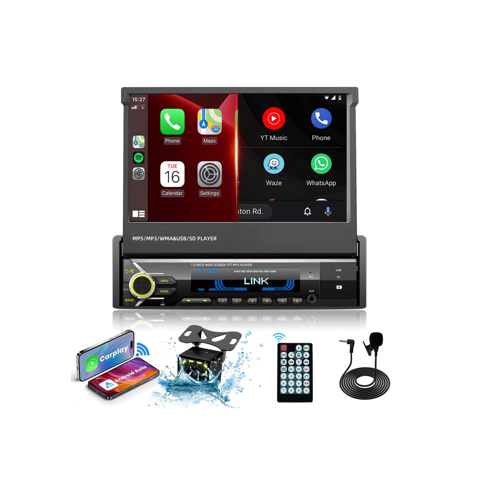 Photo 1 of [Upgrade] Single Din Car Stereo Player Compatible with Apple Carplay & Android Auto – 7 Inch Motorized Flip Out Touch Screen with Bluetooth| Mirror Link | HD Backup Camera | AUX | AM FM (Dark Gray)