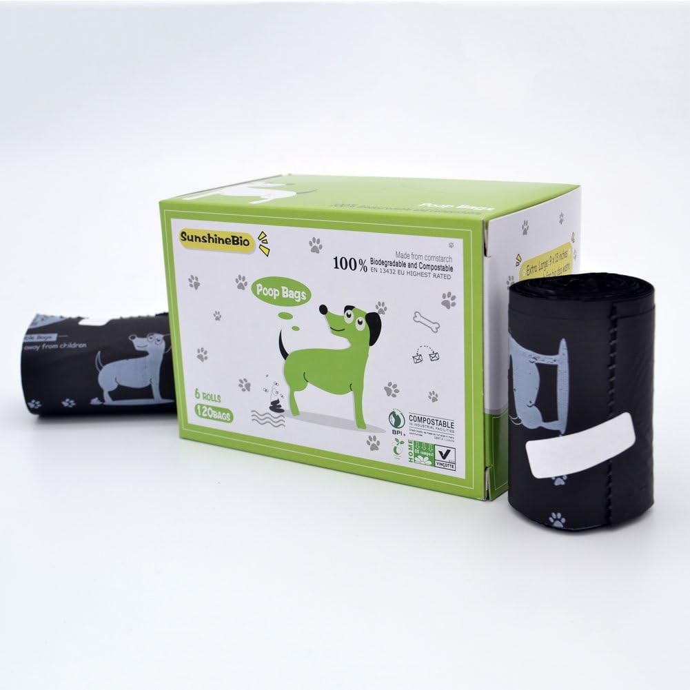 SunshineBio 120 Counts Dog Waste Bags, Certified Compostable and Earth Friendly Poop Bags Not a Plastic Bag, Meet ASTM D6400 Specification, 6 Refill Rolls