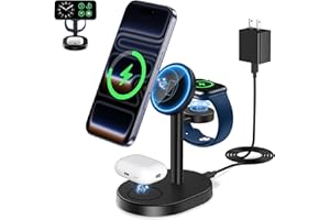 Hevanto 2025 3 in 1 Wireless Charging Station for Apple MagSafe Charger, 15W Fast Magnetic Mag-Safe Charger Stand for iPhone 17 16 15 14 13 12 Apple Watch AirPods Series, Gifts for Men