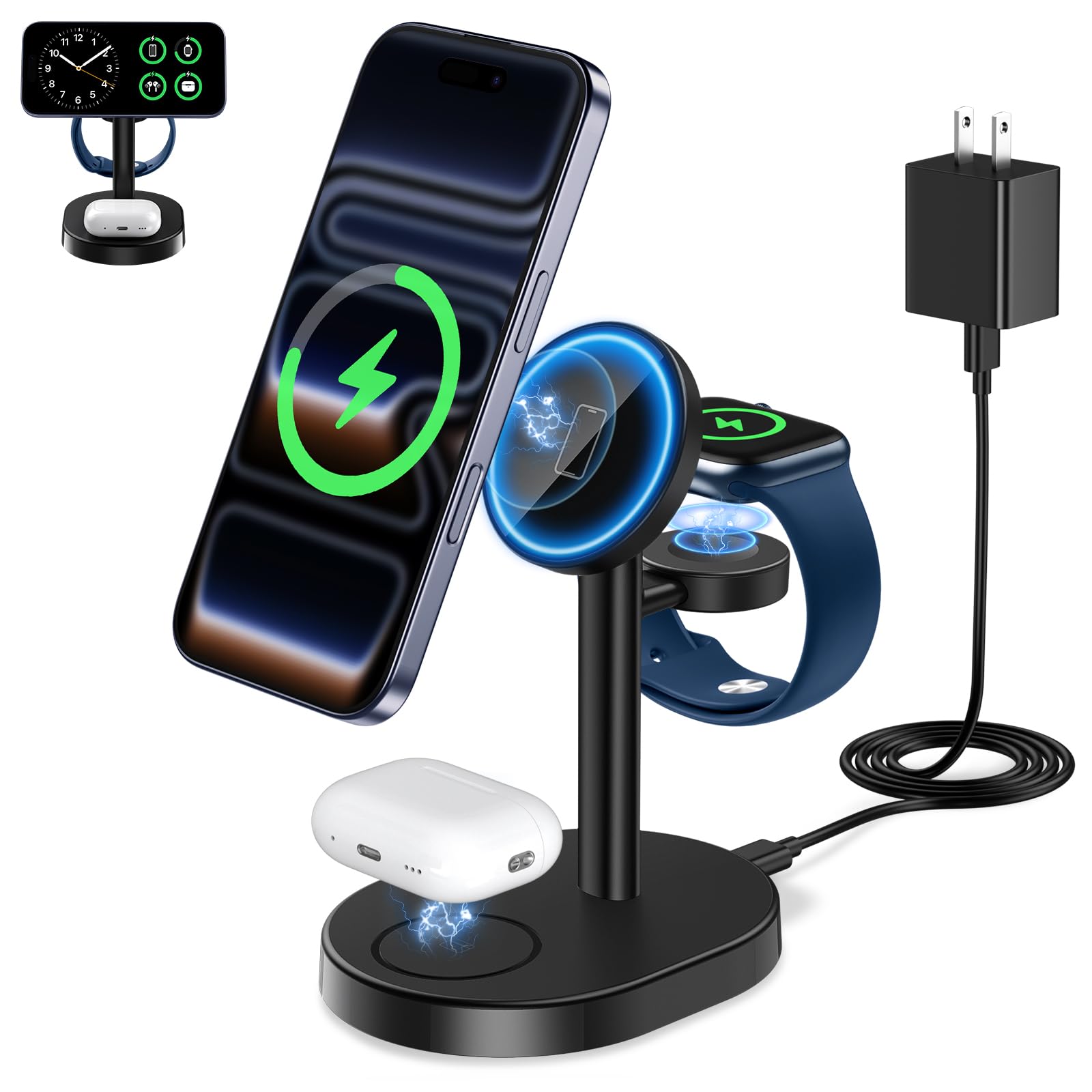 Photo 1 of Hevanto 2025 3 in 1 Wireless Charging Station for Apple MagSafe Charger, 15W Fast Magnetic Mag-Safe Charger Stand for iPhone 17 16 15 14 13 12 Apple Watch AirPods Series, Gifts for Men