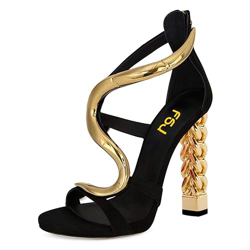 FSJ Women Flower Gold Metal Chain Chunky High Heels Ankle Strap - Main Image