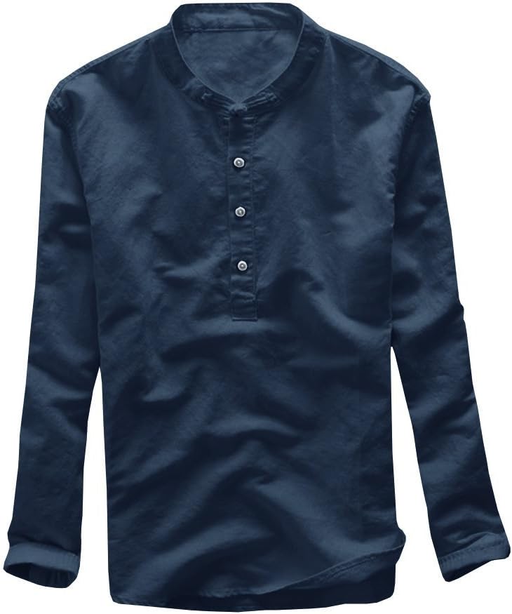 Mens Henley Shirts Linen Cotton Summer Casual Long Sleeve T-Shirts Tops