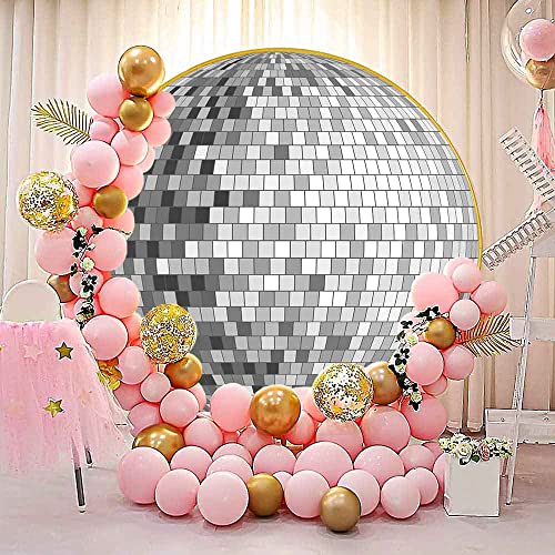 Photo 1 of PHMOJEN Silver Mirror Ball Round Backdrop Cover, 7.2ft Polyester 70s Disco Party Circle Backdrop, Chic Circular Dance Party Banner Decor Photo Booth Prop YMBXTPH156