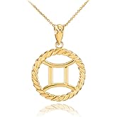 High Polish 10k Yellow Gold Roped Circle Zodiac Sign Personalized Gemini Pendant Necklace