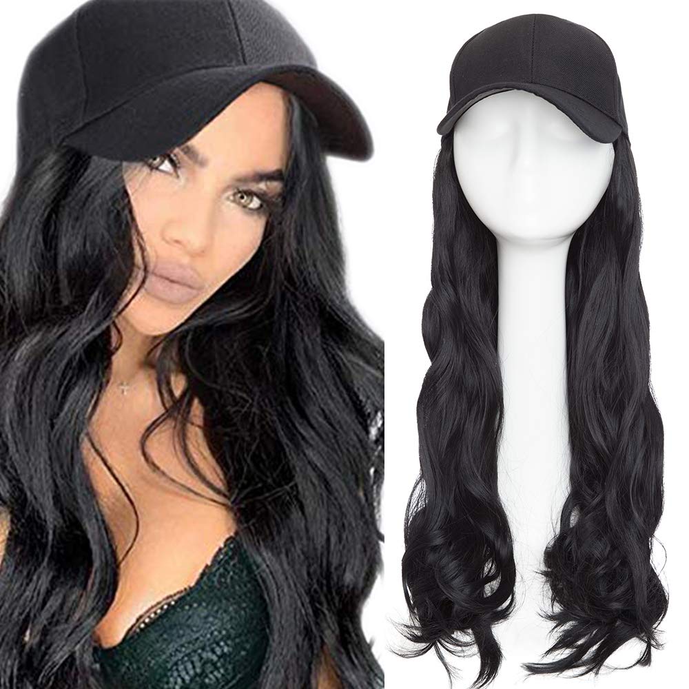 Baseball Hat With Synthetic Hair Extension 16 Inch Long Wavy Hair Extensions With Baseball Cap All Cotton Made Black Hat For Women - Dark Black — image 1