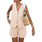 Tomosc 2 Piece Outfits for Women Summer Bussiness Linen Sets Sleeveless V Neck Vest Button Waistcoat and Pockets Shorts
