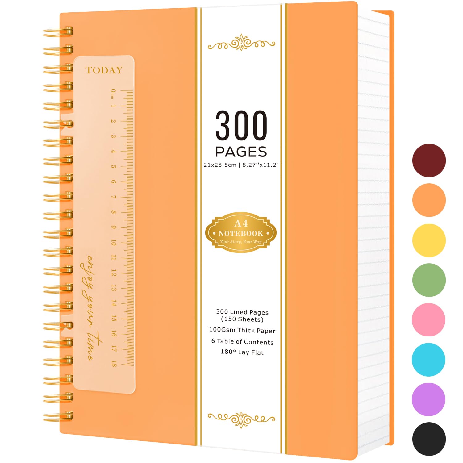 NIRMIRO Notebook A4, Notepad, 300 Pages/150 Sheets Wirebound Spiral Notebook with 100GSM Lined Paper, Ruler, PVC Cover Note Pads for Women/Men Writing Work, 21 x 28.5cm, Orange