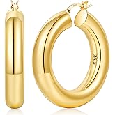 YOUNGYUE 8mm Chunky Gold Hoop Earrings Hypoallergenic 925 Sterling Silver Hollow Tube Hoop Earring Lightweight 14K Real GoldPlated Thick Gold Hoops Earring for Women 30/40/50mm