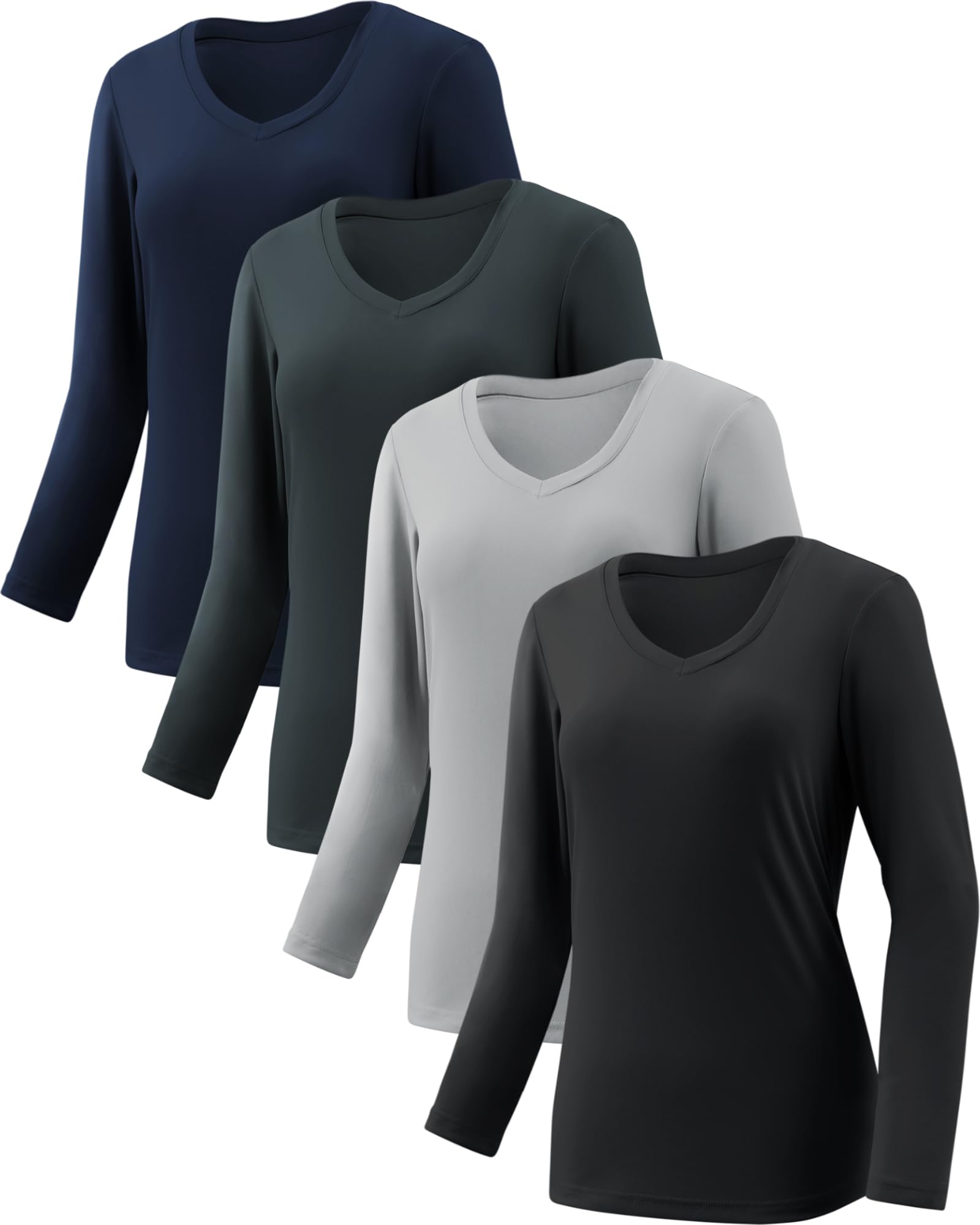 Photo 1 of BVNSOZ 4-7 Pack Long Sleeve Shirts for Women,Moisture Wicking Shirts Long Sleeve Workout Tops for Women V Neck Hiking T-Shirts, Black, Light Grey, Dark Grey, Navy Blue, M