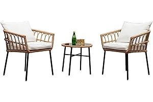 Homsido 3-Piece Outdoor Rattan Patio Furniture Set, Bohemian Simple Wicker Patio Chair Conversation Indoor Sets with Coffee Table and Waterproof Cushion