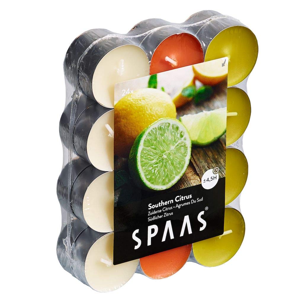 Spaas 24 Scented Tealights Assorted Colours, ± 4.5 Hours, Southern Citrus