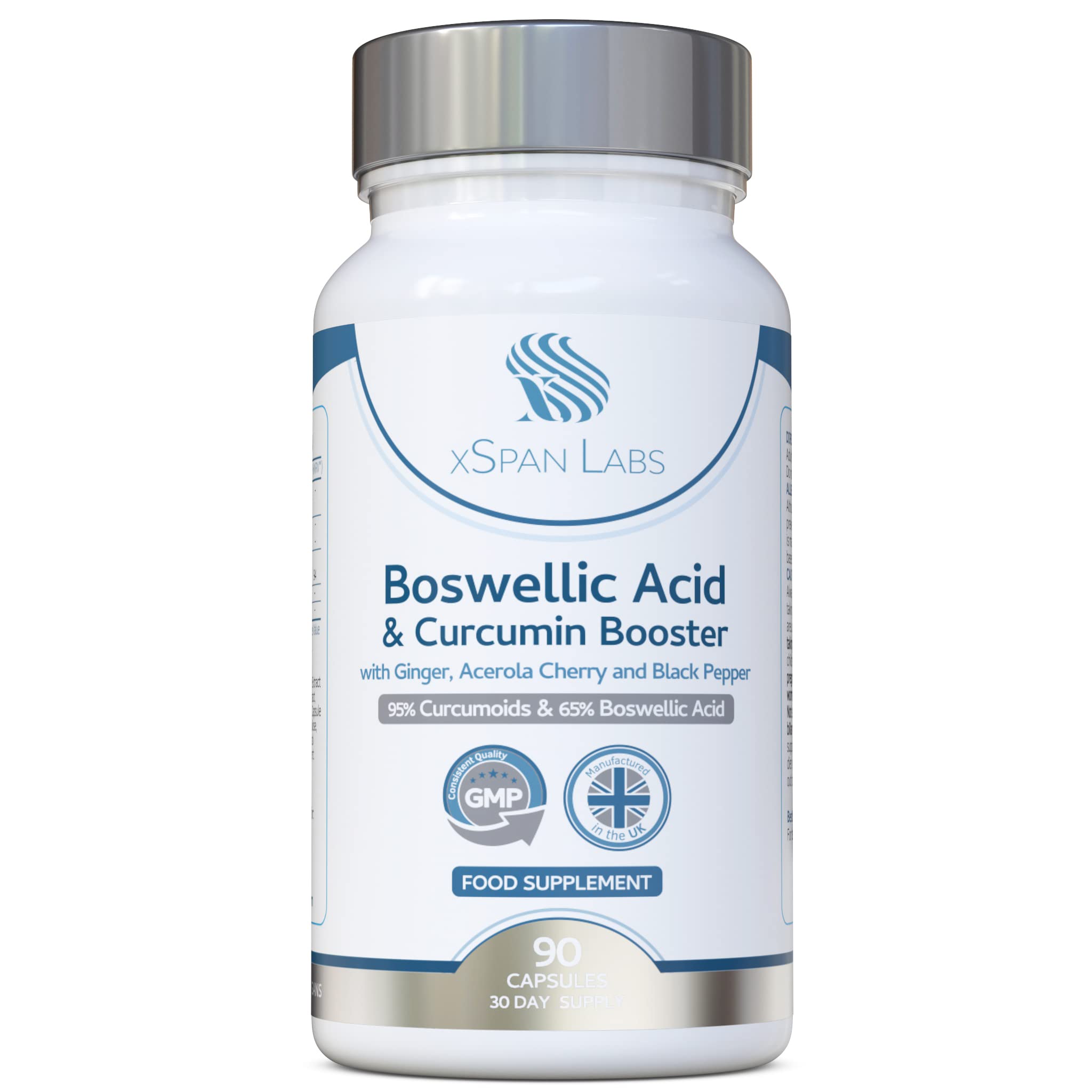 Boswellic Acid & Curcumin Booster Complex – 1 Month Supply, 90 Capsules - containing Minimum 95% Curcumoids & 65% Boswellic Acid - with Added Ginger, Acerola Cherry and Black Pepper
