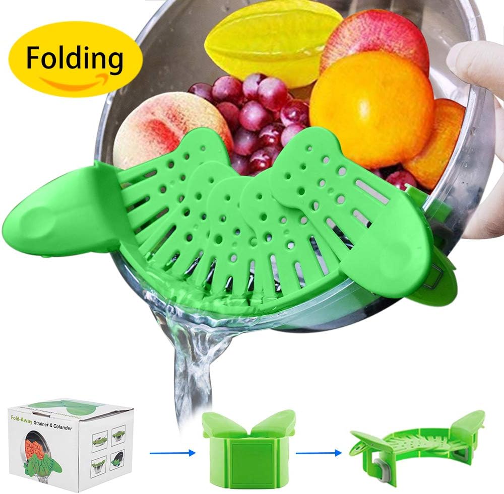 MOMOJIJI Clip-On Kitchen Food Strain Strainer, Clip On Silicone Colander for Spaghetti, Pasta, Ground Beef Grease, Colander & Sieve Snaps on Bowls, Pots and Pans, Fits all Pots and Bowls (Green)