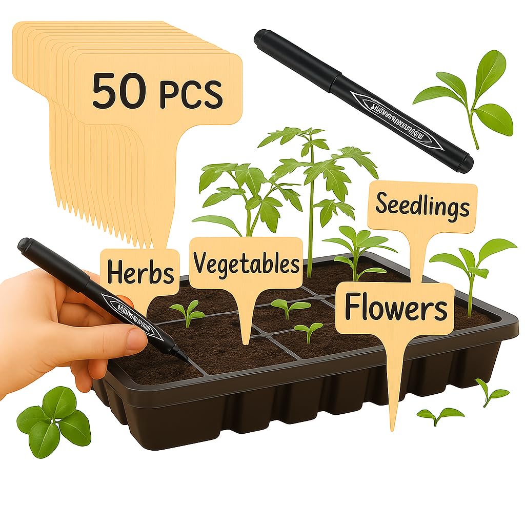 Bamboo Plant Labels 50 Pcs with Marker Pen, Wooden T-Type Garden Markers, Reusable Plant Tags for Herbs, Vegetables, Flowers & Seedlings