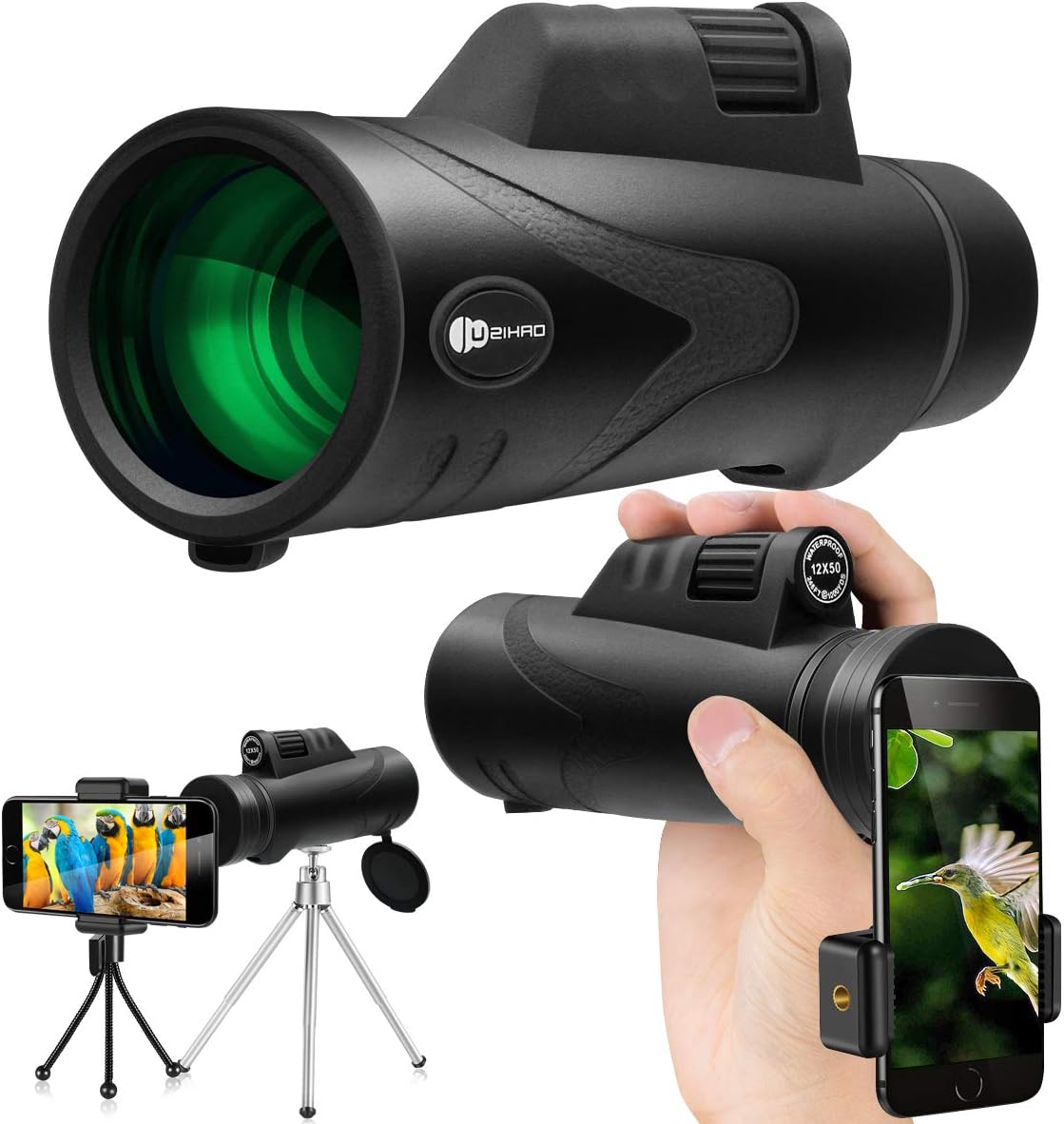 Monocular Telescope, JUZIHAO 12X50 HD Low Night Vision Waterproof- Shockproof High Power Monocular and Quick Cell Phone Adapter, Tripod Holder for Bird Watching Hunting Camping Hiking Travelling Wild