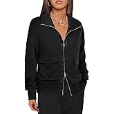 Fisoew Women's Zip up Sweatshirt Collared Neck Long Sleeve Loose Casual Lightweight Jacket with Pockets