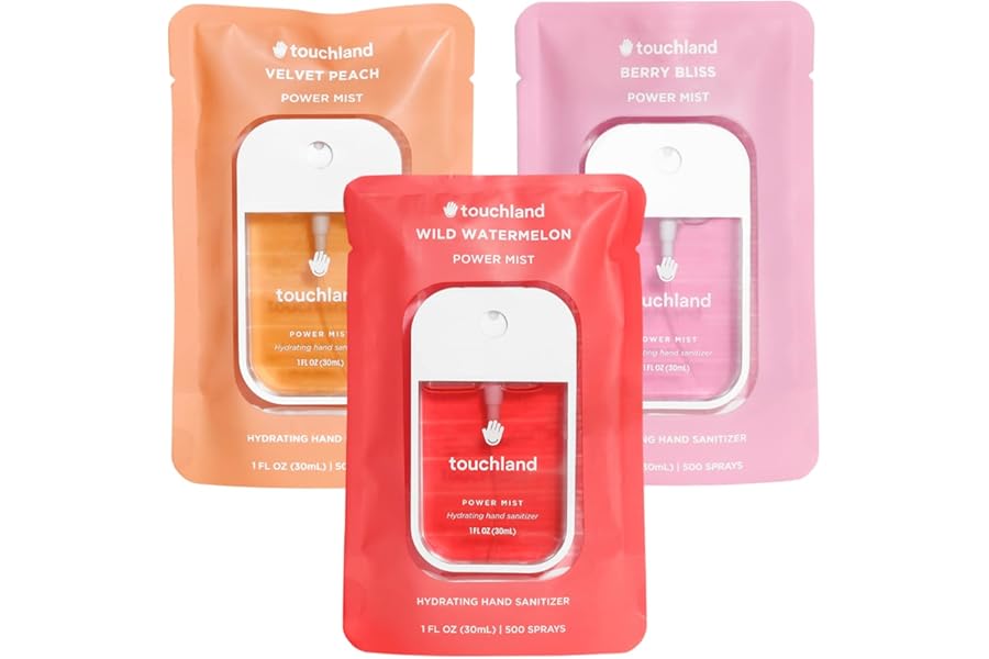 Touchland Hydrating Hand Sanitizer Spray – Juicy Trio Set (Wild Watermelon, Velvet Peach, Berry Bliss) – 3 x 1 FL OZ Travel Size Mists