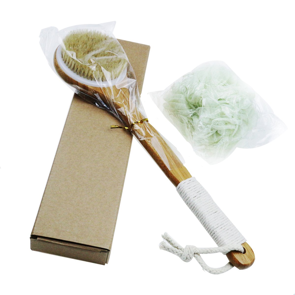 JUSTIME Long Handled Bath Brush Set with Mesh Sponge Shower Ball| Natural Bristles Back Scrubber Body Brush and Bath Shower Sponge for Cellulite & Exfoliating(2 PACKS)