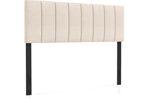 KOMFOTT Linen Upholstered Headboard for Full & Queen Size Bed, Vertical Channel Tufted Rectangular Headboard with Solid Wood Legs & Adjustable Width, Padded Bed Backboard, Easy Assembly, Beige