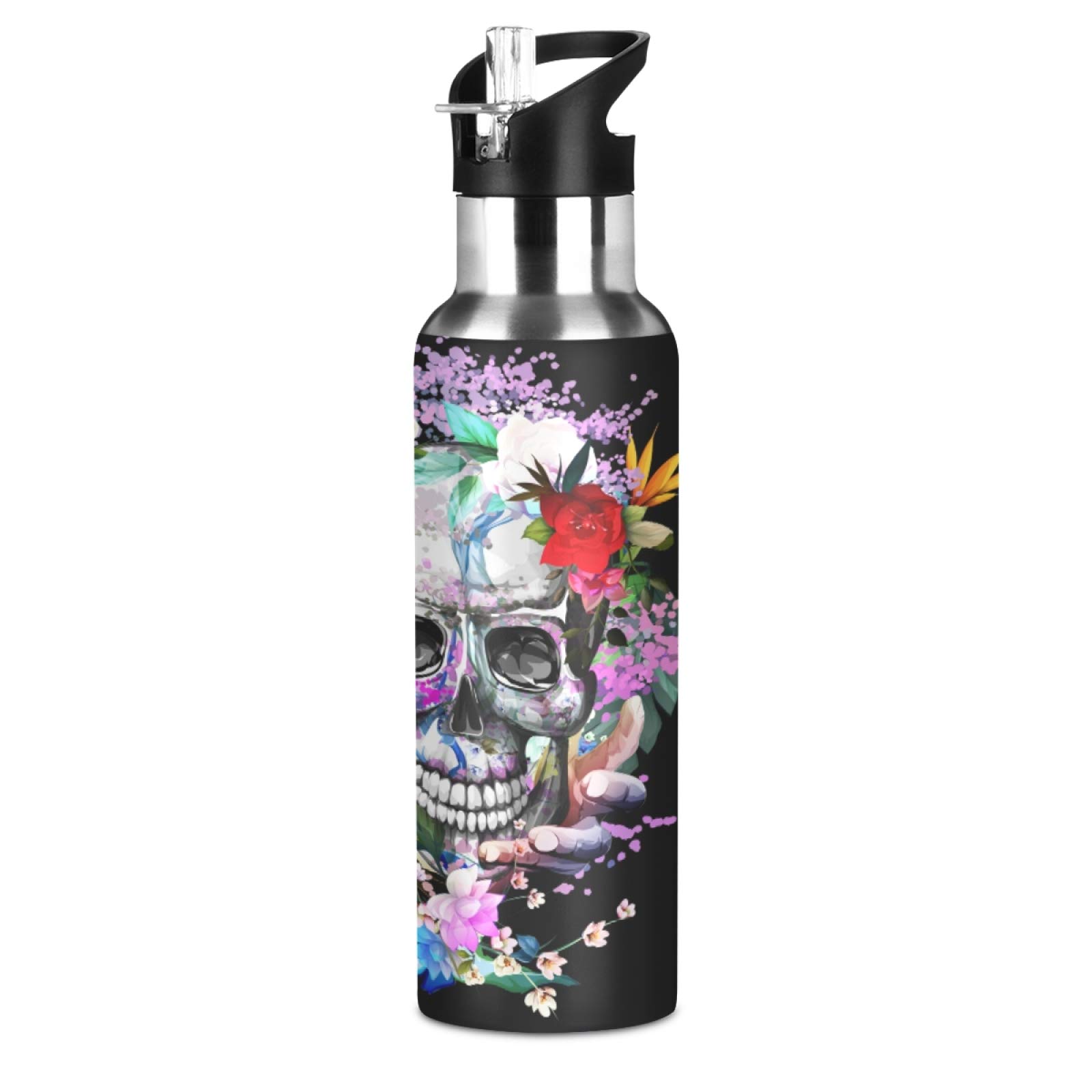 Xigua 600mL (22oz) Ascent Water Bottle with Leak Proof Straw Lid,Skull Stainless Steel Vacuum Portable Insulation Cup Sports Travel and Coffee Cup