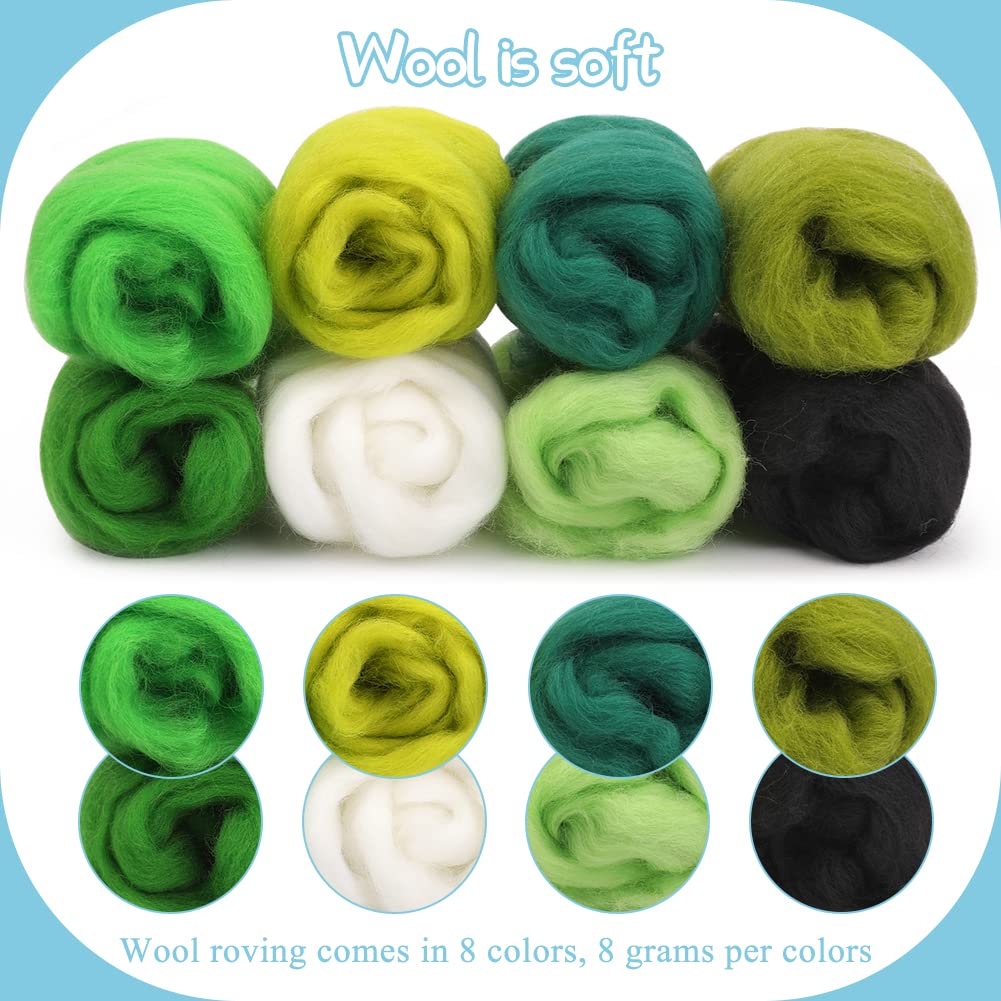 Zlulary 8 Colors Needle Felting Wool, Needle Felting Supplies, Wool Roving with Storage Box, Felting Needle Kit for Beginners (Green)