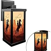 Outdoor Wall Lights cowboy figure silhouette horse lassoing sunset landscape scene Exterior Waterproof Wall Mount Sconce 13" 