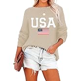 Lacozy Womens Sweater Crewneck USA Graphic Long Sleeve Tops Lightweight American Flag Sweatshirt 4th of July Outfits