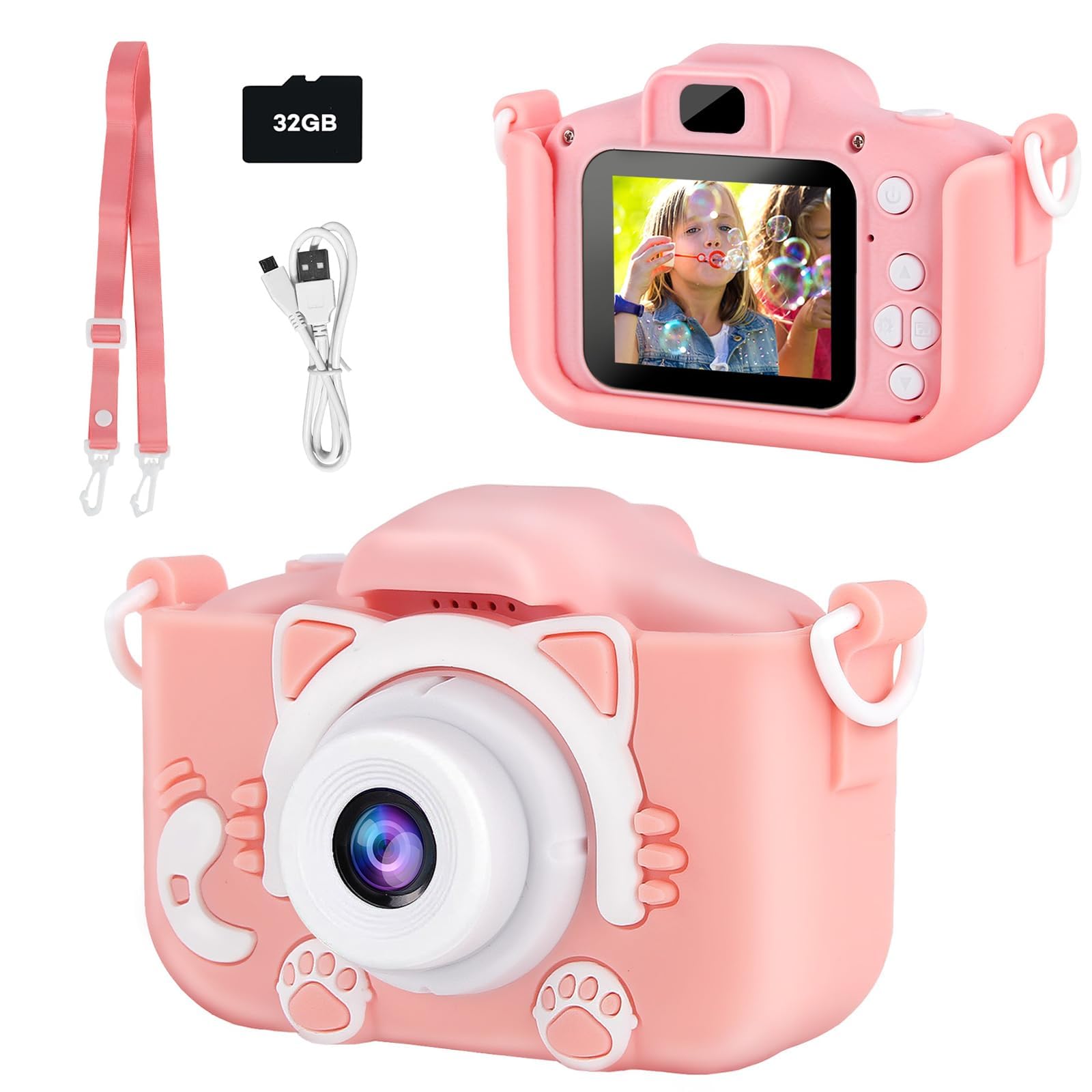 Kids Digital Camera - 1080P HD Selfie Camera for Girls & Boys, 3-12 Years Old, with 32GB SD Card & Silicone Case